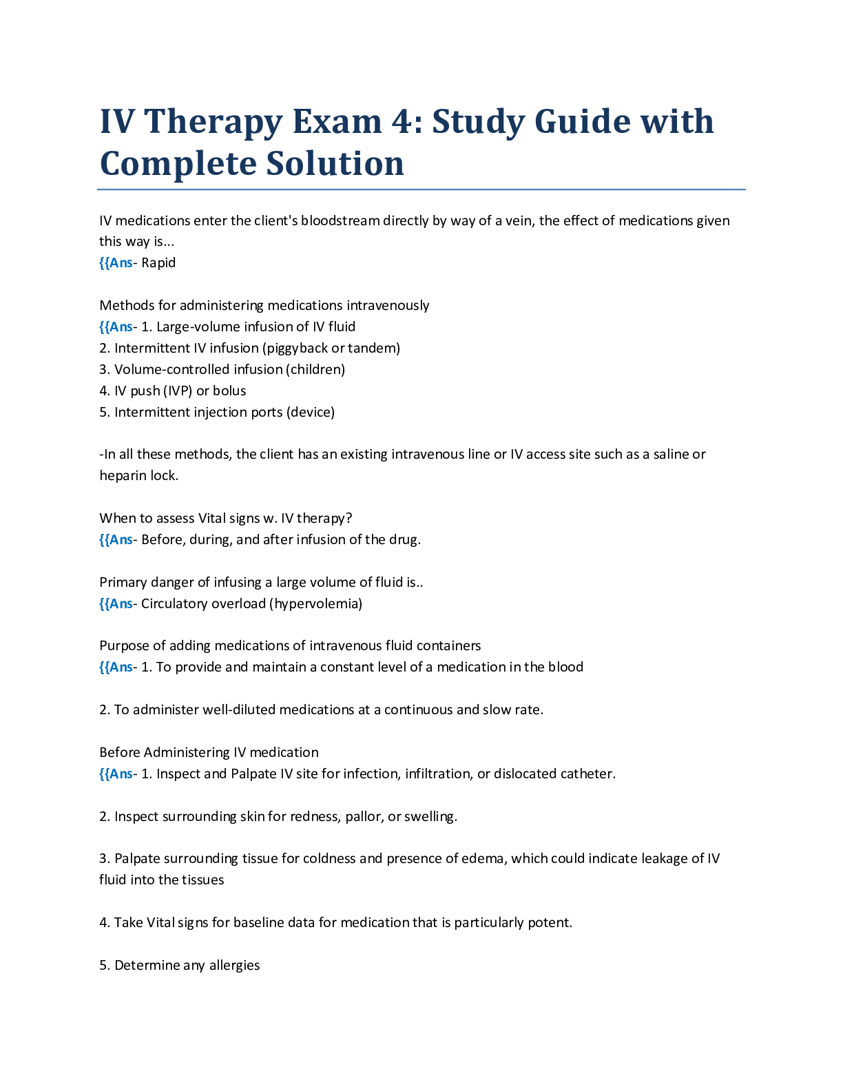 IV Therapy Exam 4 Study Guide with Complete Solution Browsegrades